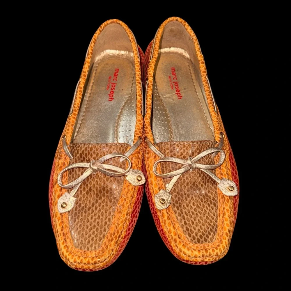 Marc Joseph Cypress Hill Mosaic Womens 7.5 Pre-Owned Loafers Orange Snakeskin